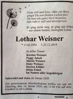 Todesanzeige Hoheitenfotograf Lothar Weisner